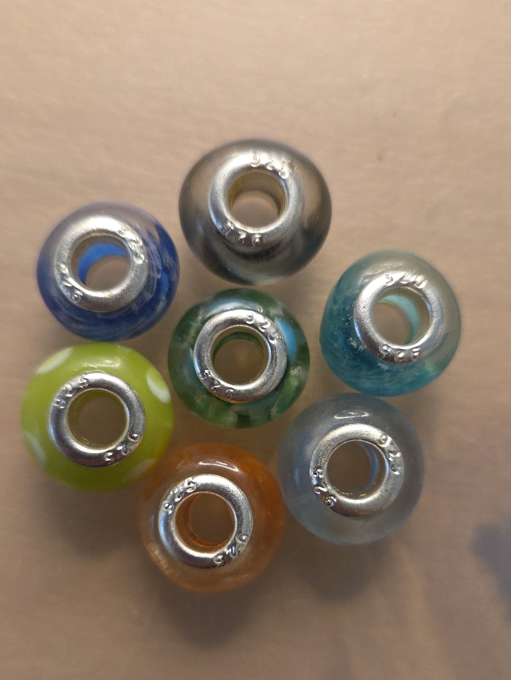 7pc 925 Sterling Silver Core Glass European Charm Bead Lot